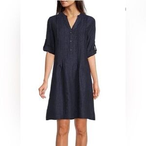 J.McLaughlin Riviera Split Neck 3/4 Roll-Tab Sleeve Pleated Linen Dress S